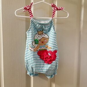 Mud Pie Mermaid Applique Bubble Romper Sunsuit Striped Girls Size 6-9 Months